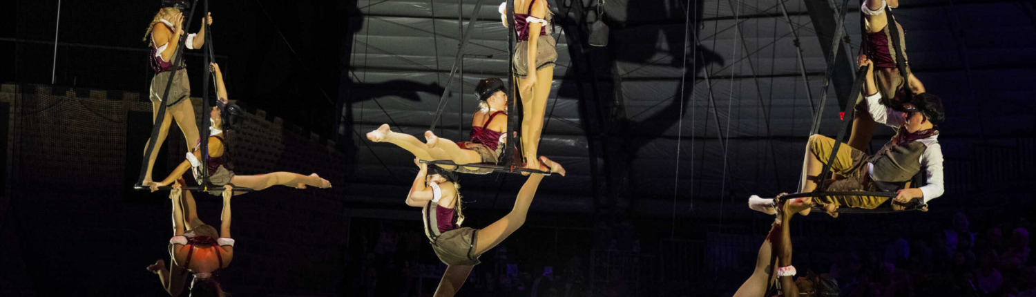 _ABC0204_1_1 Jugglers performing a high-flying circus aerial act on trapeze and silks at circus arts show.