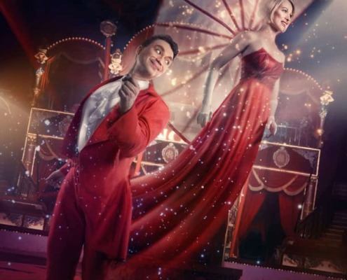 Vibrant circus stage with performers and colorful lights, showcasing professional circus staging.