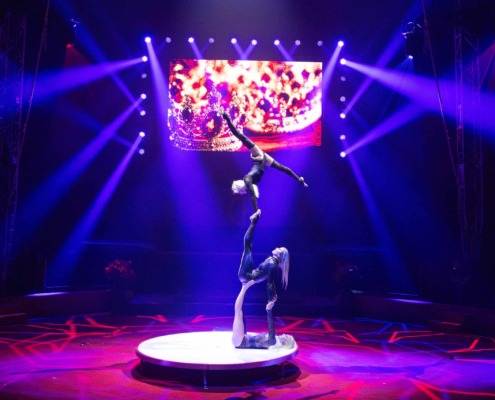 Stunning circus staging with acrobats performing on stage under colorful lights.