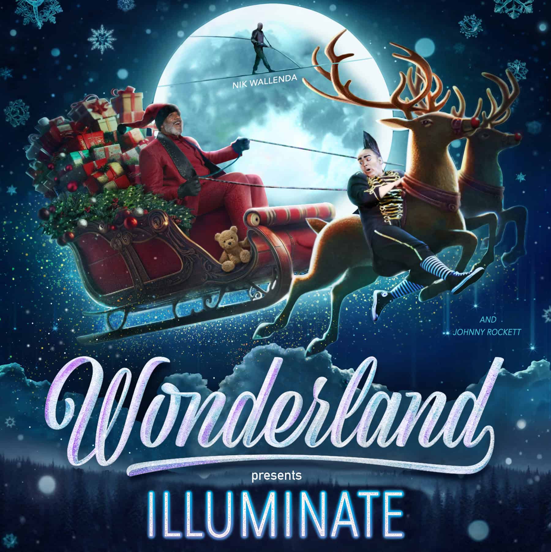 smallWonderlandgraphicsm Festive circus stage with Santa sled and reindeer, holiday performance, Christmas circus entertainment, holiday show image.