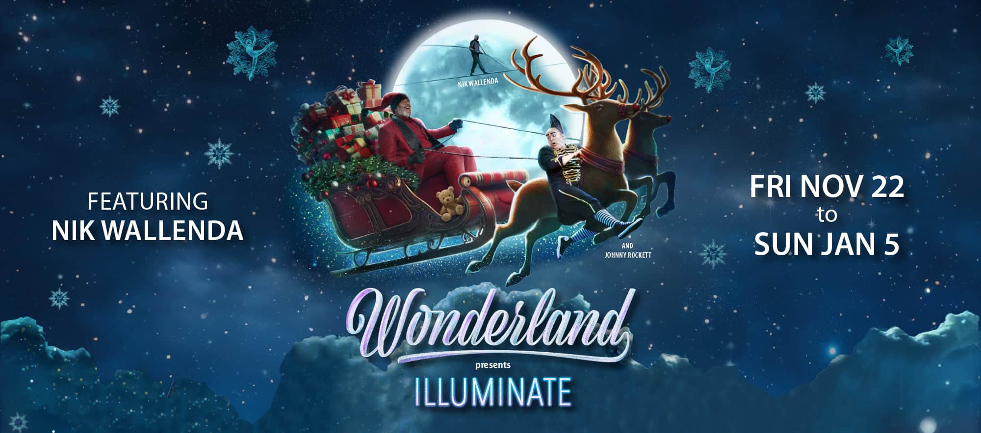 Wonderland home page banner_V2 Festive circus stage with Christmas-themed elements, featuring acrobats and holiday decorations.