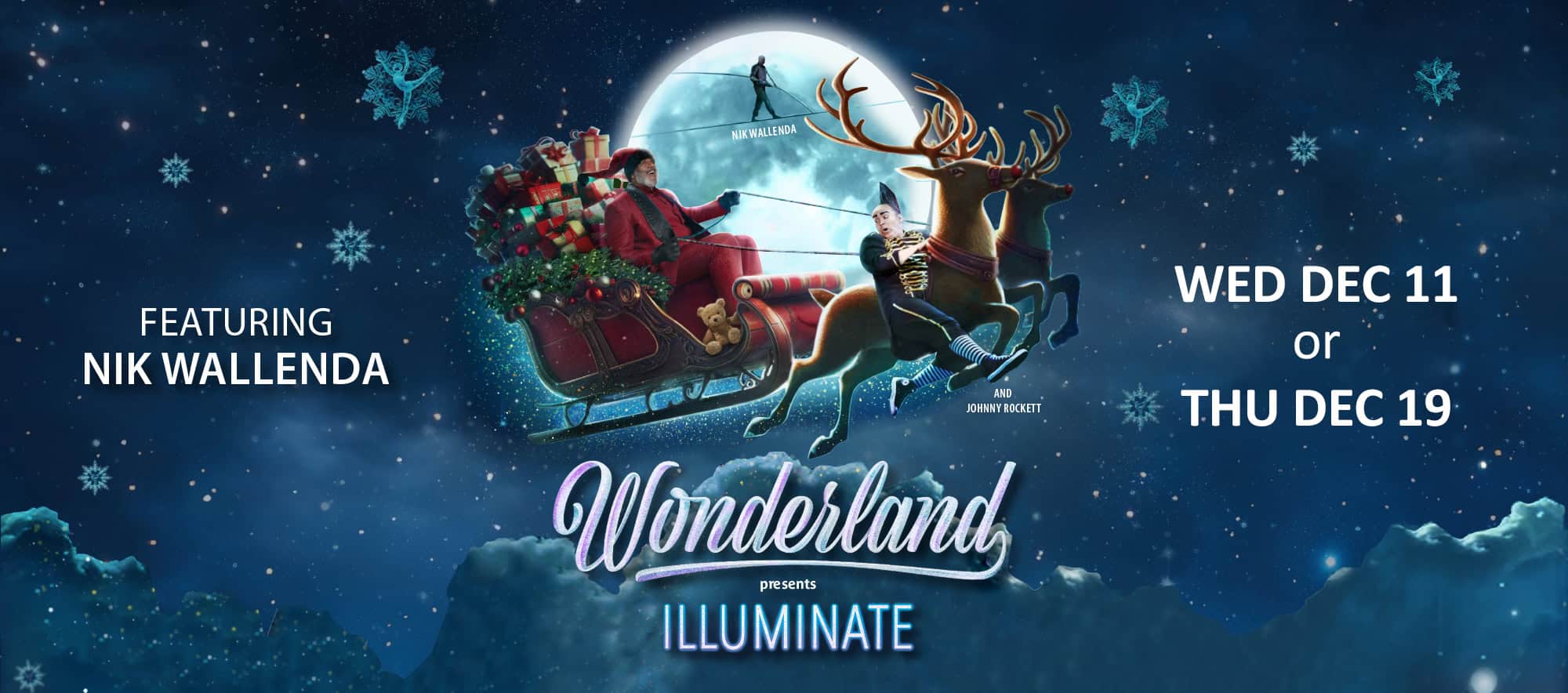 Festive circus staging with sleigh, reindeer, and holiday performers for holiday show promotion.