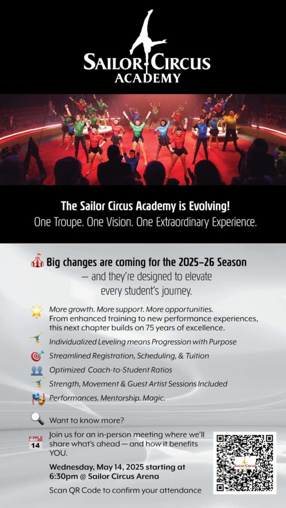 SCA Spring 2025 Announcement Vibrant aerialist performance with acrobats in colorful costumes on stage.