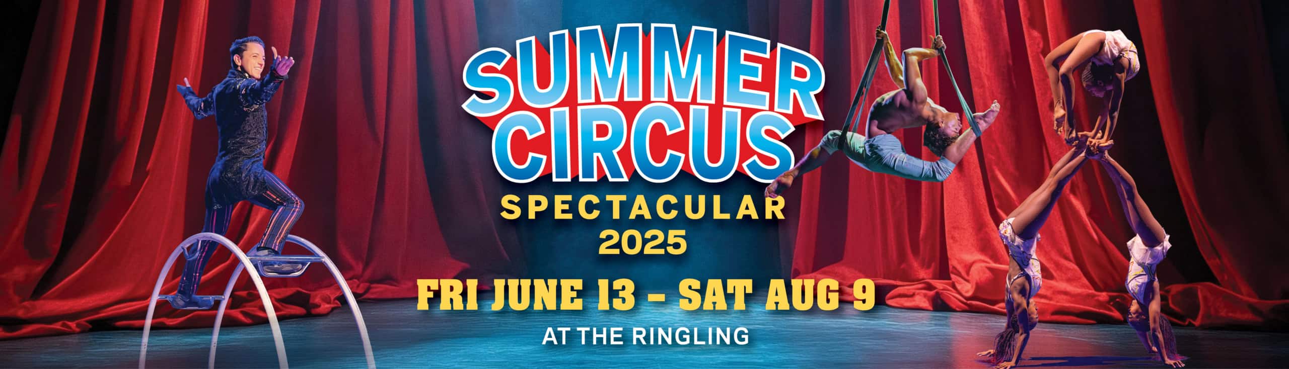 Website slider_REVISED Aerial performers showcasing acrobatics on stage with red curtains at Summer Circus Spectacular 2025.