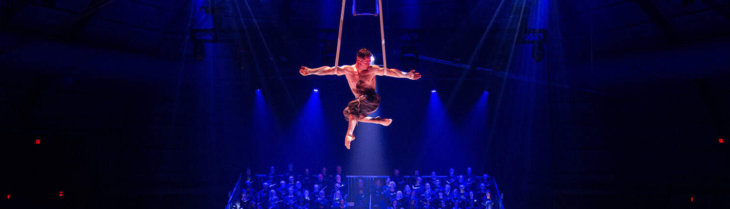 Aerial performer hanging from hoops during a circus stage show with an audience in the background.