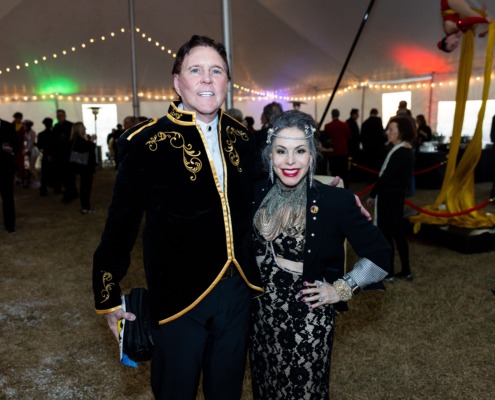 Elegant circus staging with performers and guests at a lively event.