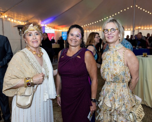 Elegant women attending a circus staging event under a large tent with festive string lights, showcasing vibrant dresses and accessories.