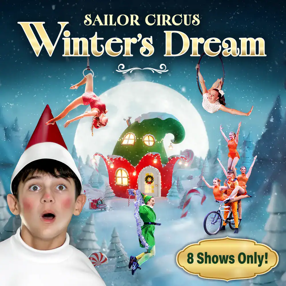 Vivid circus staging for Winter’s Dream show with acrobats, aerialists, and festive holiday theme highlighting circus arts.