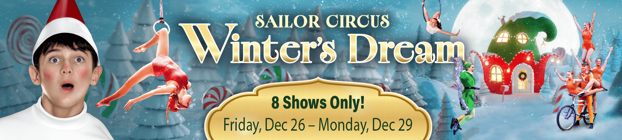 Colorful winter circus staging with aerial performers, clowns, and festive holiday scenery.